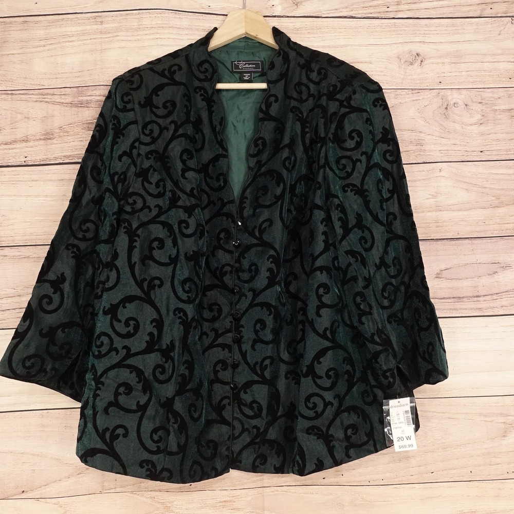 Dressbarn Jacket Women 20W Green NEW Velvet Damask Scroll Evening Blazer